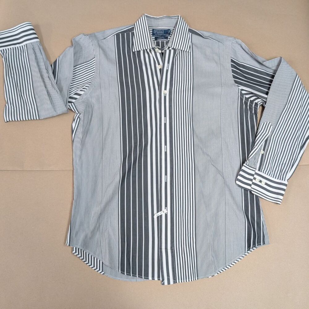 Polo Ralph Lauren Mens Size L Long Sleeve Dress Shirt Black Gray Pinstripe EUC
